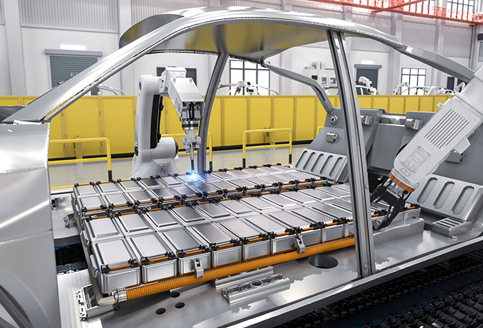 Robot assembly line with electric car battery cells module on the platform.